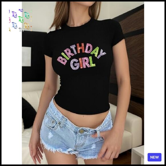 Glitter Birthday Graphic Tee Y2K Crop Top Short Sleeve Party Wear Chic - Picture 3 of 4